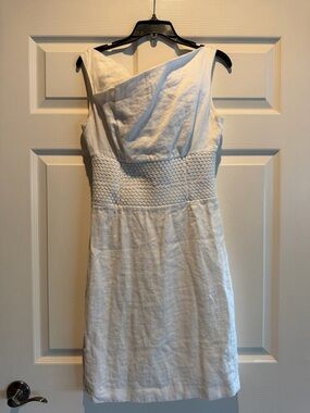ANTONIO MELANI White Linen Textured Waist Sheath Dress